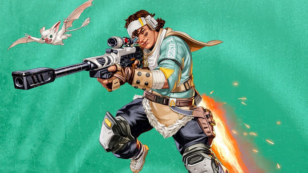 Illustrazione del nuovo personaggio di Apex Legends, Vantage, che punta il suo fucile da cecchino mentre il pipistrello Echo vola nelle vicinanze