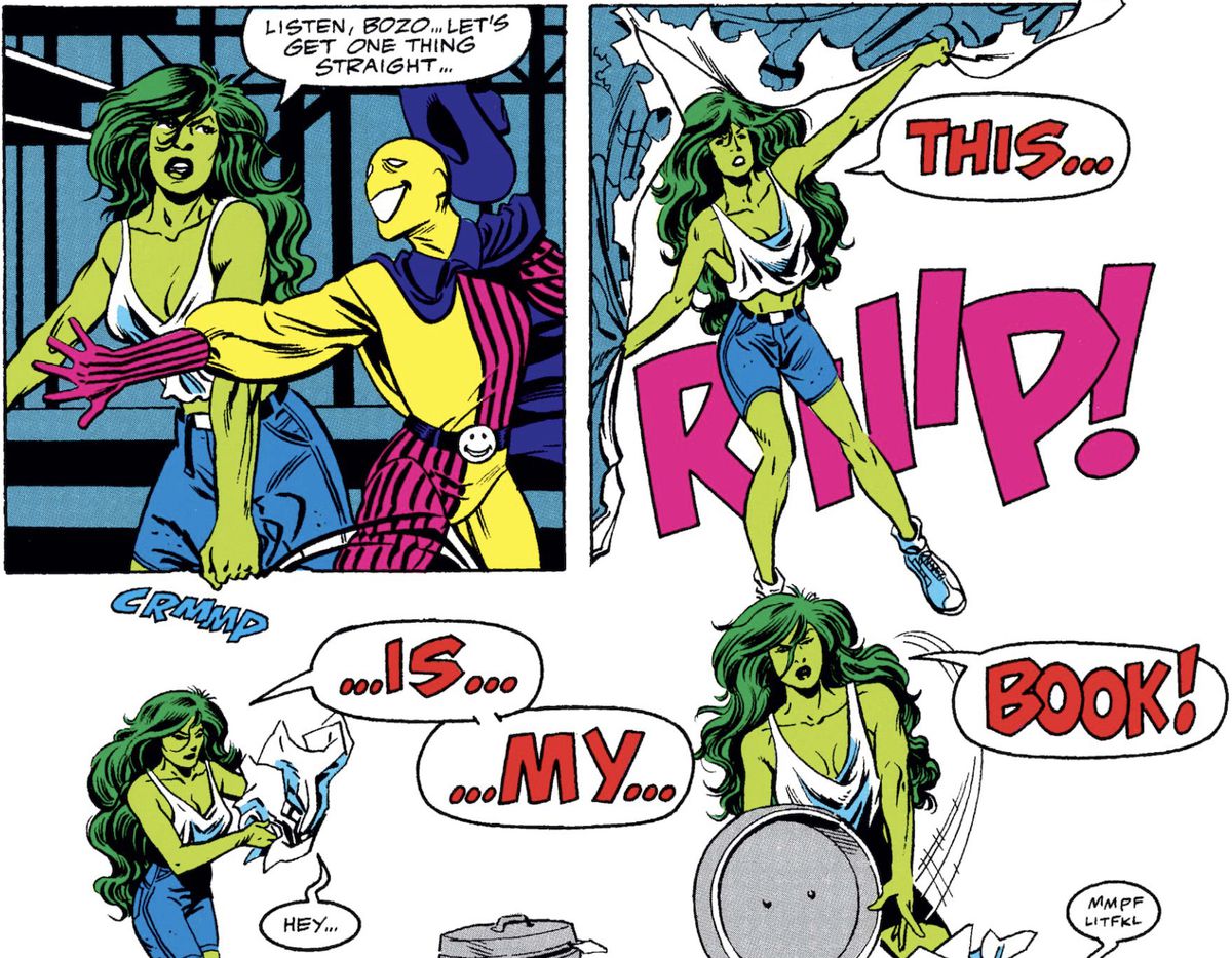 She-Hulk strappa un supercriminale dalla pagina, appallottola il foglio e lo infila in un bidone della spazzatura, gridando 