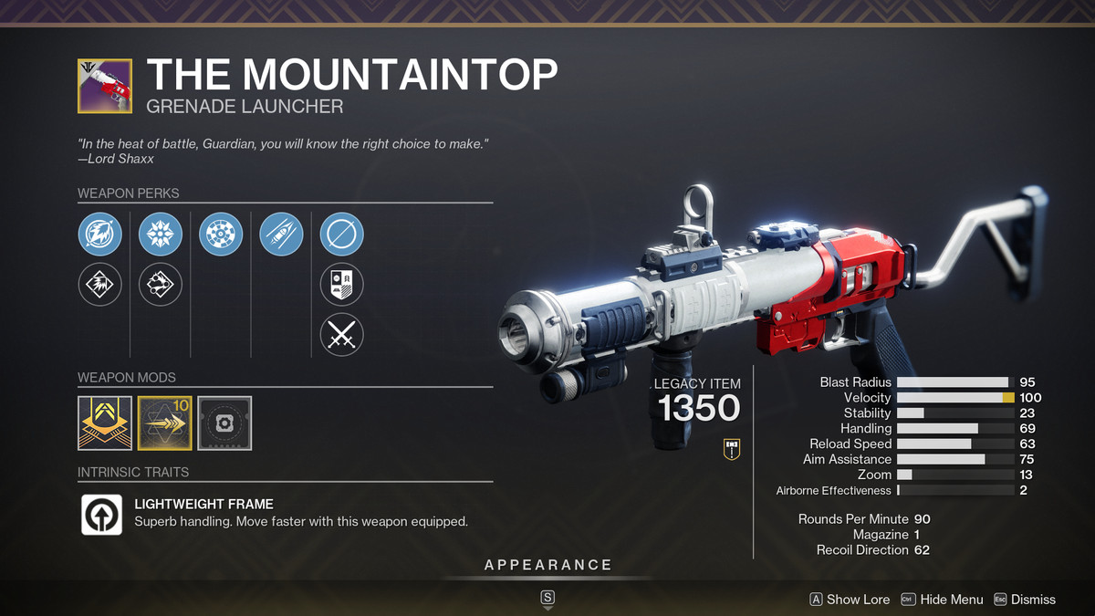 La cima della montagna, un'arma che non ha raggiunto i contenuti attuali di Destiny 2