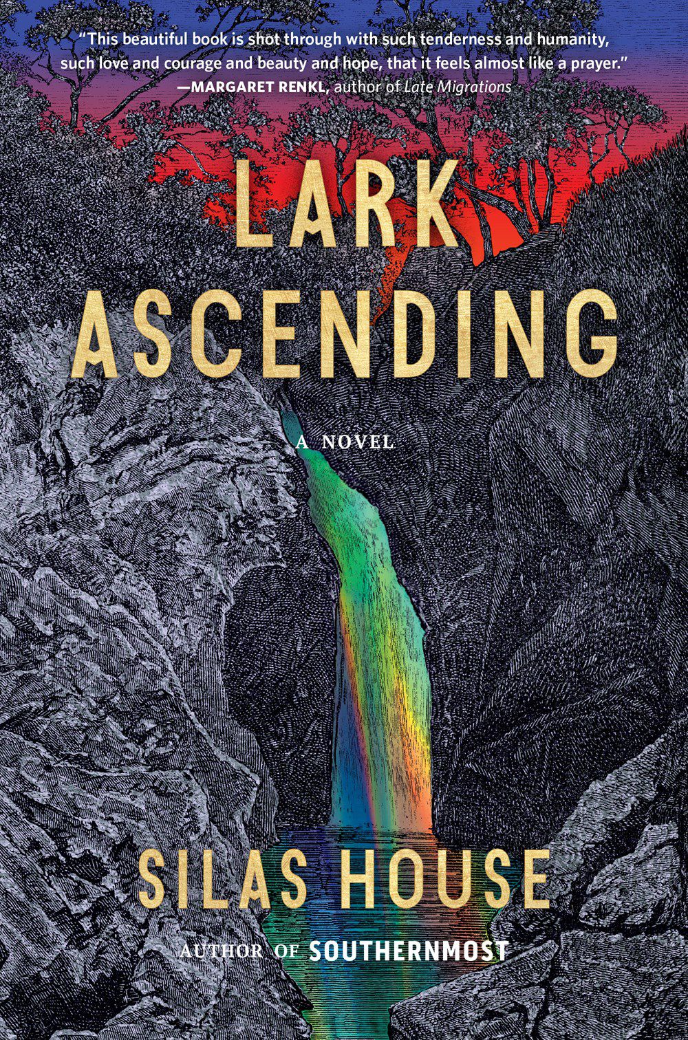 Immagine di copertina di Lark Ascending di Silas House, con cascata color arcobaleno