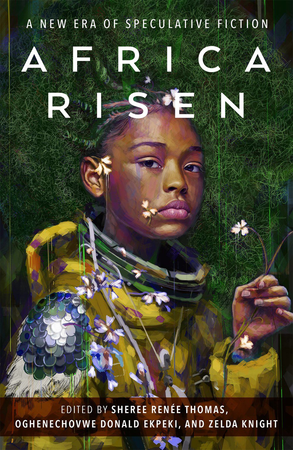 La copertina di Africa Risen, con una persona di colore i cui capelli si confondono con la crescita verde dietro di loro, che indossa un abito colorato che sembra una tuta spaziale