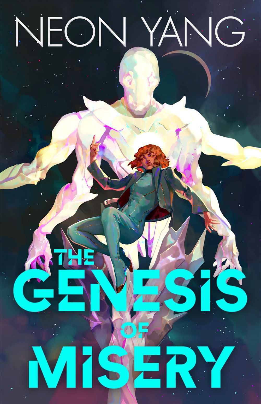 Immagine di copertina di The Gense of Misery di Neon Yang, con una figura umana posta di fronte a una figura aliena nello spazio