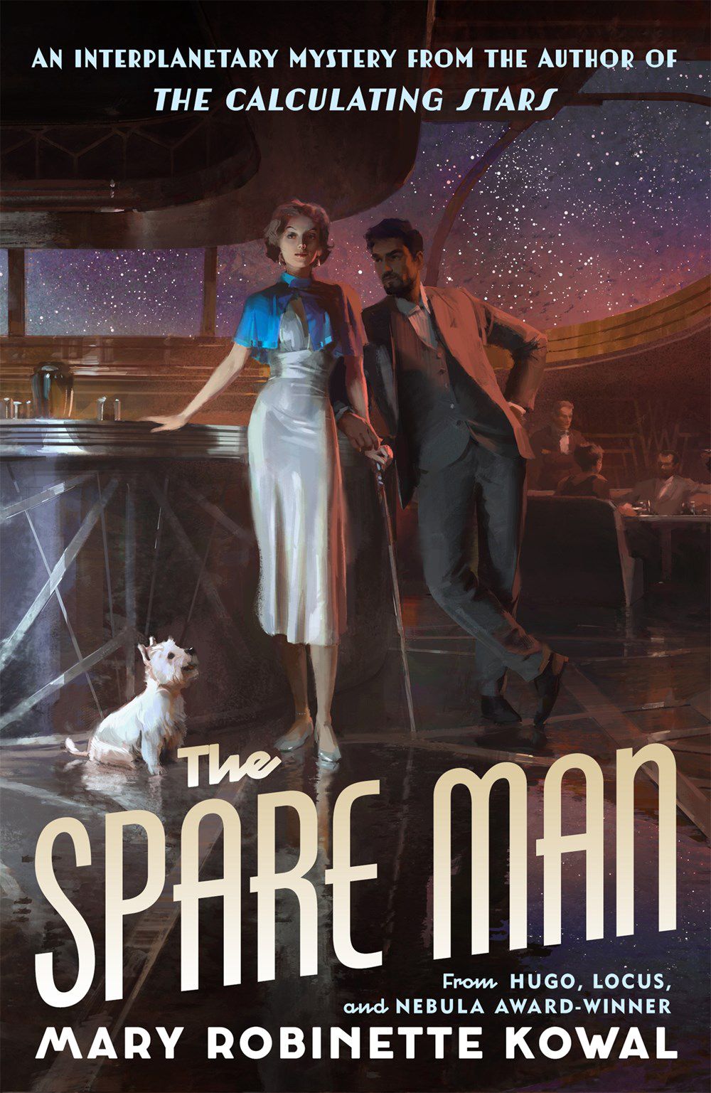 Immagine di copertina per The Spare Man di Mary Robinette Kowal, con due figure in piedi davanti a un bar con un cane seduto accanto a loro