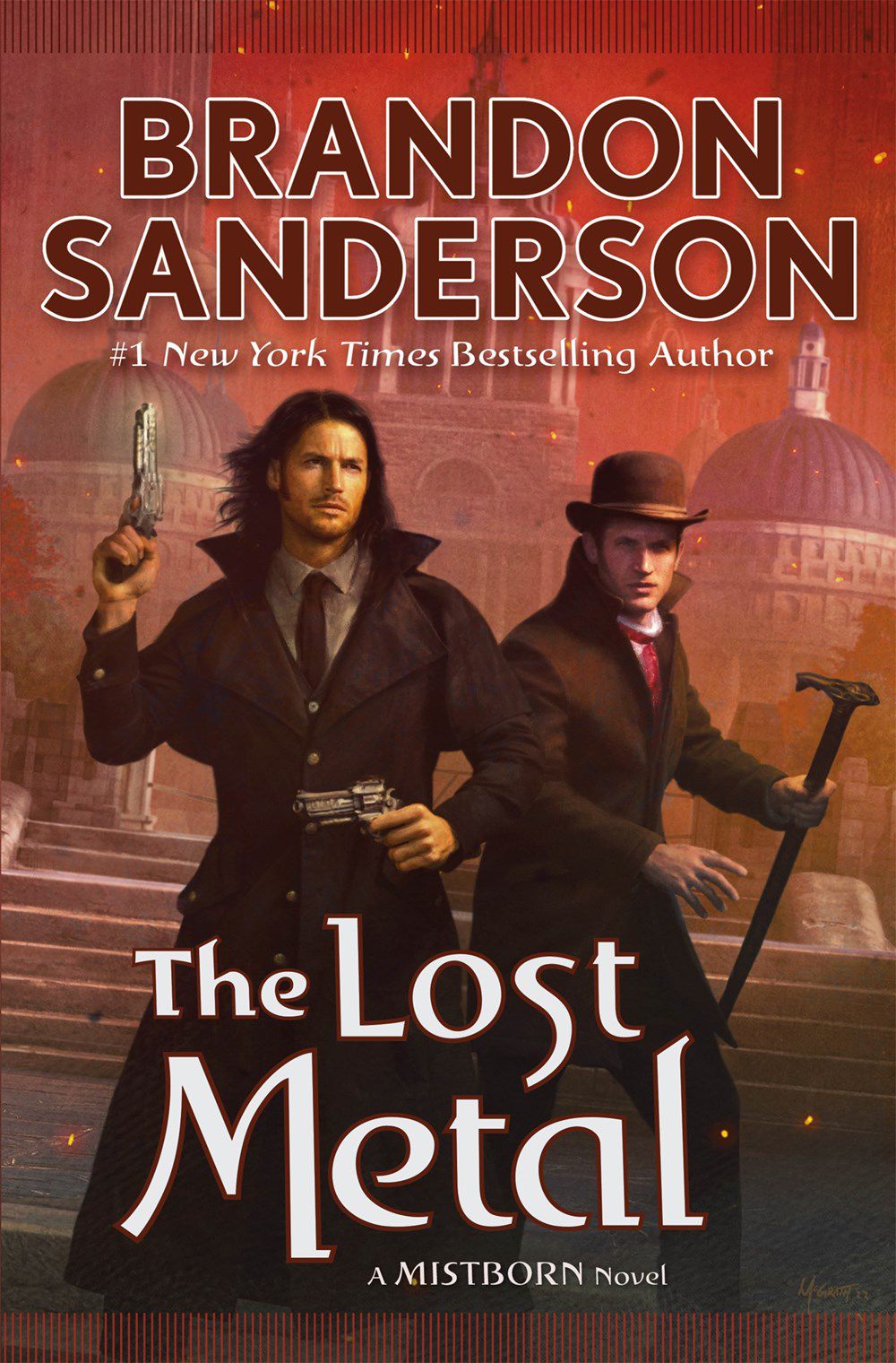 La copertina di The Lost Metal di Brandon Sanderson, con due personaggi: uno con pistole a doppia saldatura, l'altro con cappello e bastone.