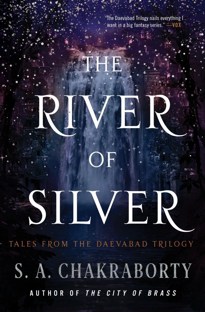 Immagine di copertina per River of Silver di SA Chakraborty, che mostra una cascata con uno sfondo spaziale