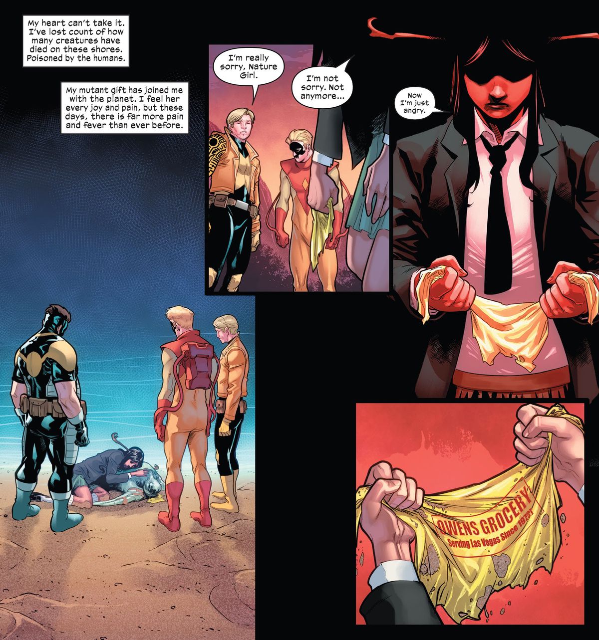 Nature Girl, Egg, Pyro e Cypher scoprono una tartaruga del mare morta sulla spiaggia di Krakoa, con un sacchetto di plastica conficcato nella sua bocca, in X-Men: Unlimited: X-Men Green #1 (2022). 