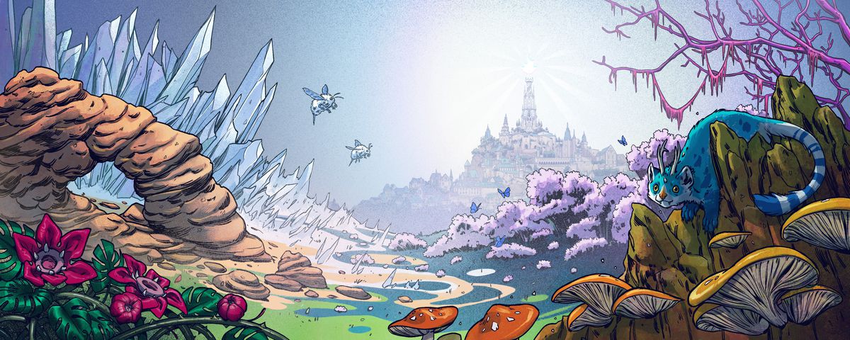 Illustrazione di Kinfire Chronicles: Night's Fall of the city Din'Lux prima di Night's Fall, con un paesaggio di piante e creature colorate che rotolano in lontananza.