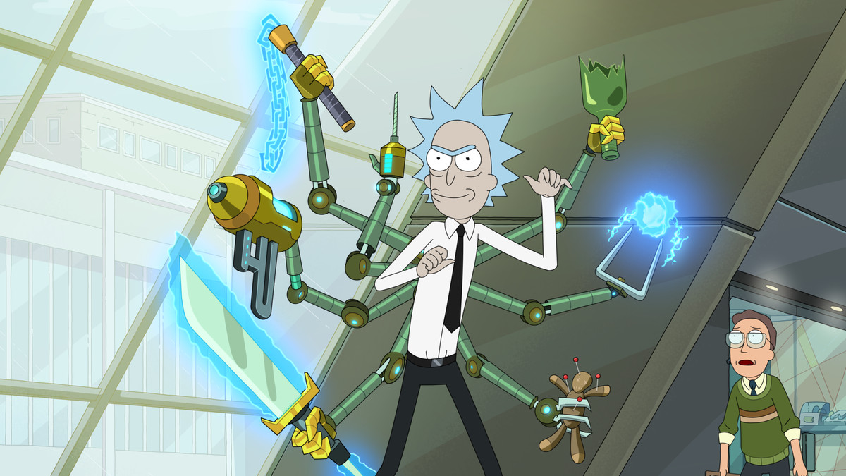 Rick in piedi e con l'aria compiaciuta con un mucchio di braccia robotiche che reggono cose che gli escono dalla schiena;  sullo sfondo Jerry guarda scioccato