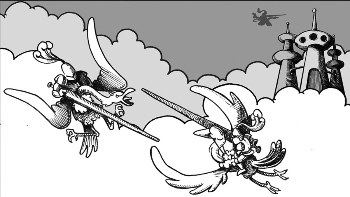 Due uomini su improbabili struzzi si impegnano in un combattimento armato tra le nuvole.  Sullo sfondo si staglia un trio di minareti a ponte.