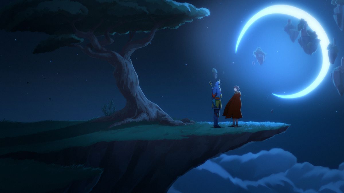 Una figura vestita da samurai parla con una persona con un mantello rosso in cima a una collina, accanto a un albero e alla luna, nel Pantheon di AMC.