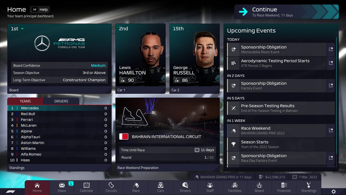 La schermata iniziale in F1 Manager 22, con Mercedes come squadra controllata dai giocatori