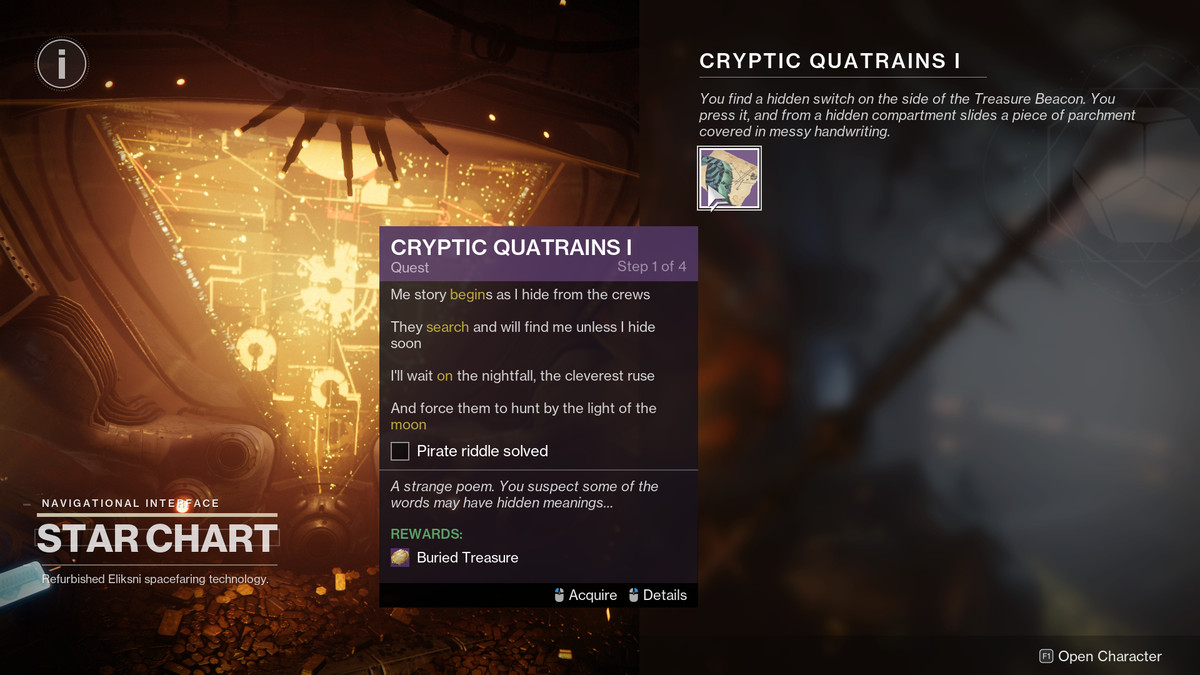 Un'immagine del menu per la ricerca dell'enigma Cryptic Quarins 1 in Destiny 2: Season of Plunder