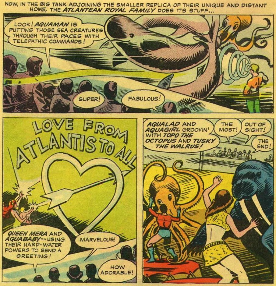 Pannello per Aquaman #36 che introduce Tusky the Walrus, mettendo in scena uno spettacolo per la folla.