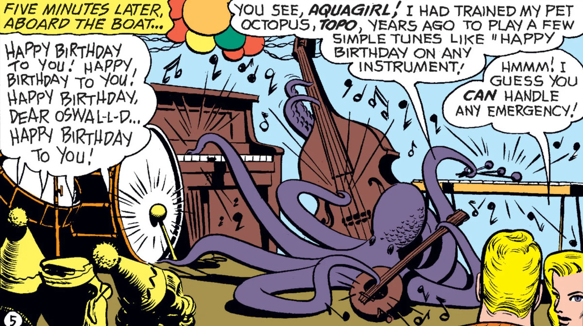 Topo the Octopus suona contemporaneamente quattro strumenti musicali mentre Aquaman e Aquagirl guardano.