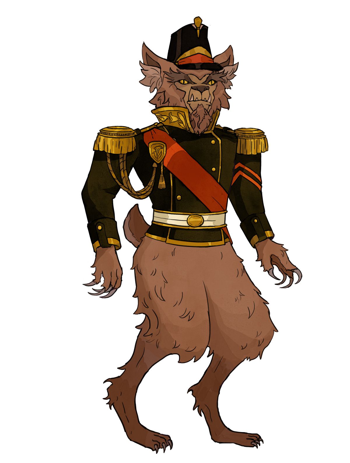 Un lupo umanoide con una giacca e un cappello militari dell'era Regency.