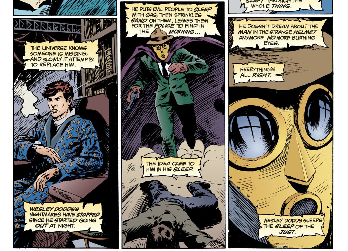 I pannelli di fumetti raffigurano Wesley Dodds nei panni del vigilante Sandman, con la narrazione che spiega: 
