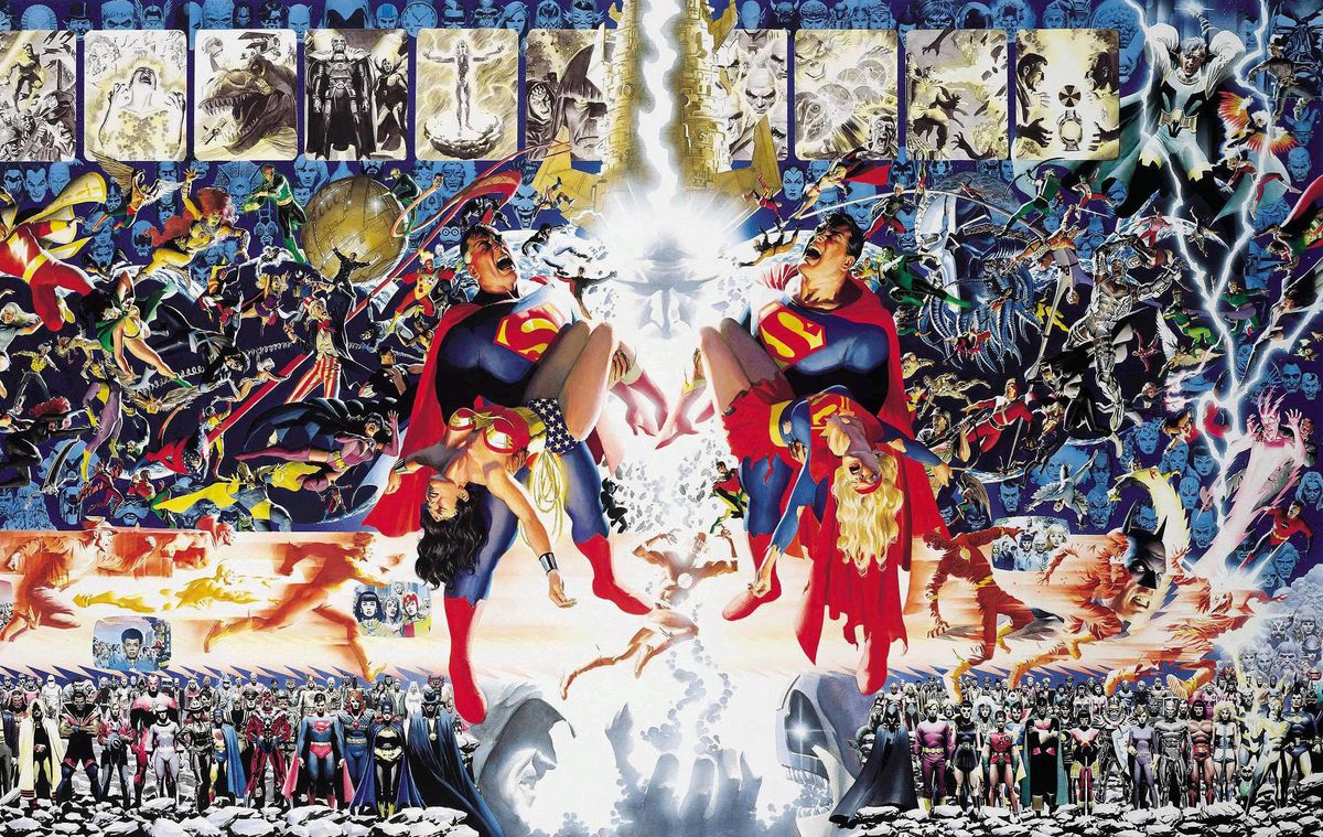 Copertina avvolgente di Alex Ross per Crisis on Infinite Earths, un'immagine dinamica e complicata che ritrae dozzine e dozzine di supereroi.