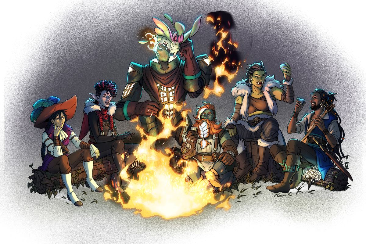 I personaggi dei giocatori in Kinfire Chronicles: Night's Fall seduti attorno a un falò.