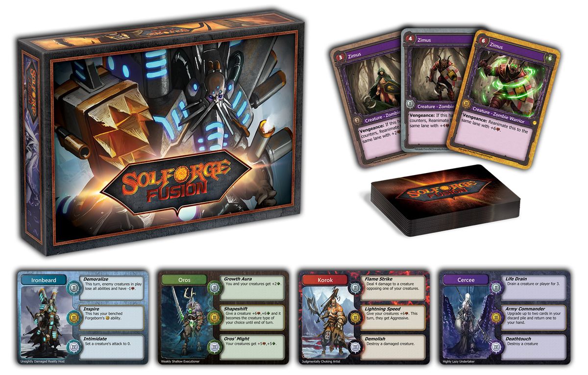 Le foto ufficiali del prodotto mostrano la scatola e le carte incluse in SolForge Fusion