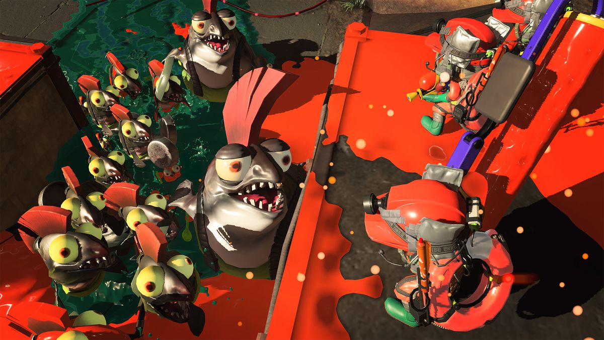 I giocatori affrontano uno sciame di nemici Salmonidi che strisciano su una piattaforma petrolifera in uno screenshot di Splatoon 3
