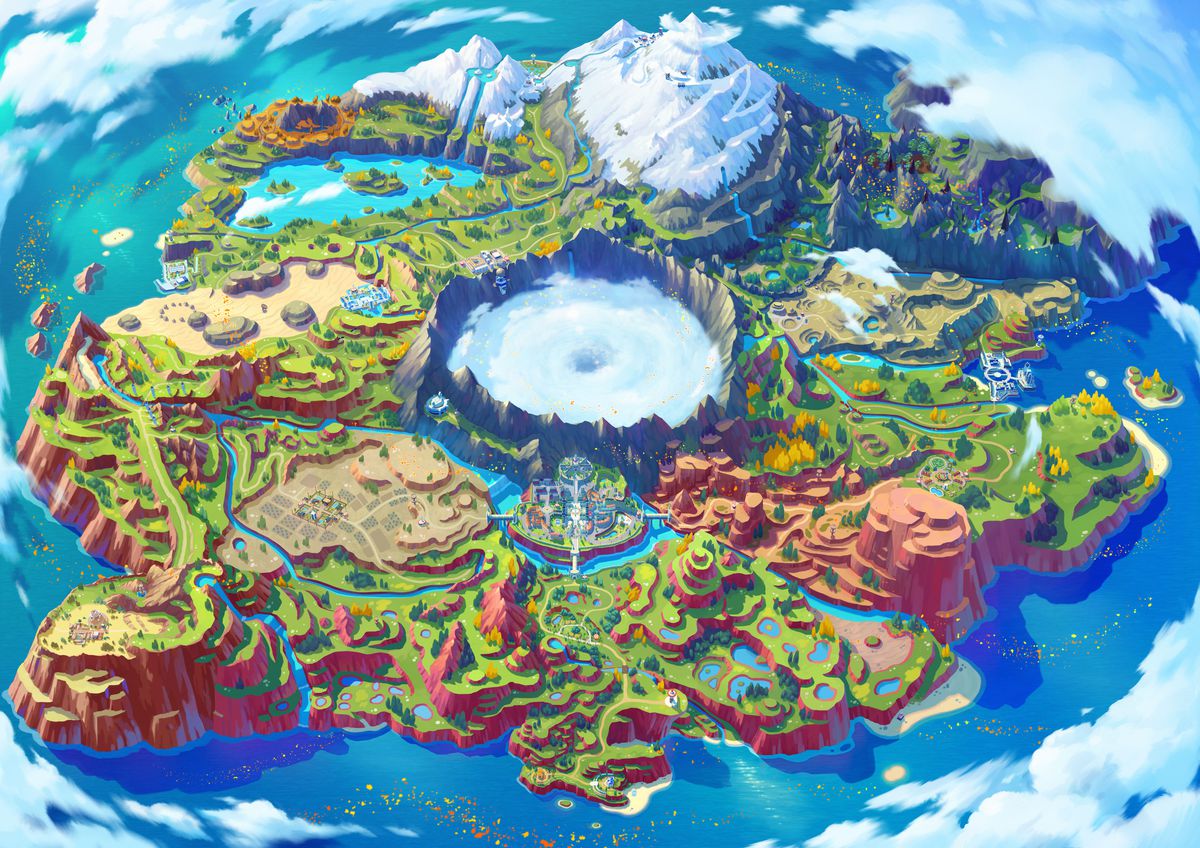 una mappa colorata della regione di paldea di Pokemon