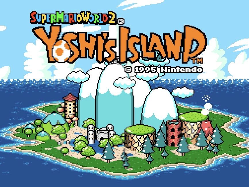 Schermata del titolo di Yoshi's Island, che mostra l'intera isola
