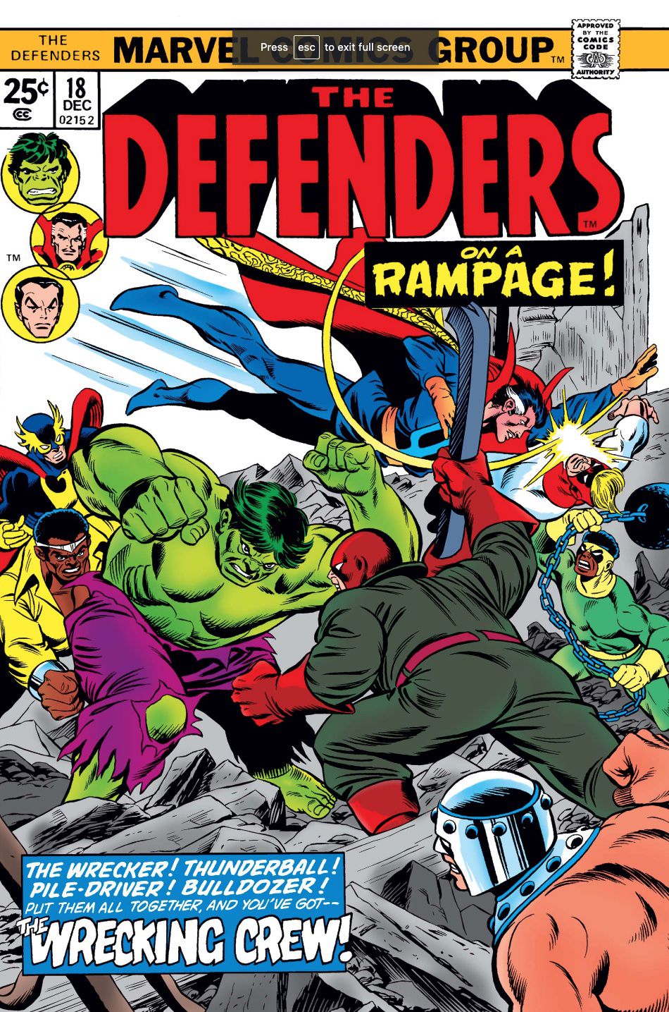 Copertina di Defenders con The Wrecking Crew che si scontra con Hulk e Doctor Strange