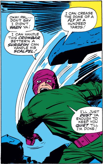 Wrecker, vestito con una maschera viola e spandex verde, lancia un sasso in un fumetto di Thor