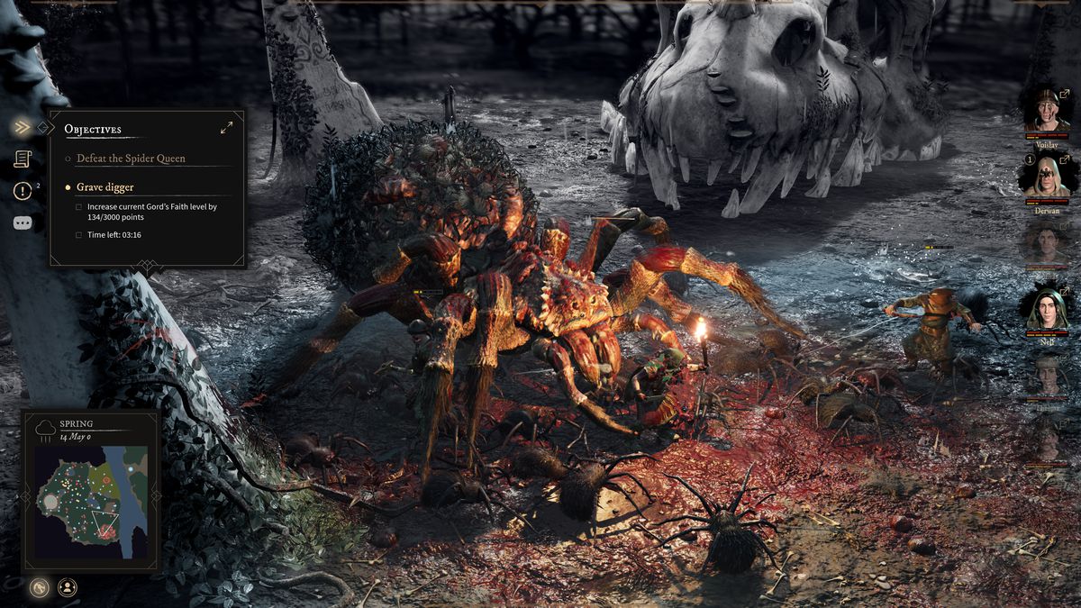 Un ragno attacca un gruppo di guerrieri in un boschetto con un teschio di mostro gigante nelle vicinanze, in uno screenshot di Gord