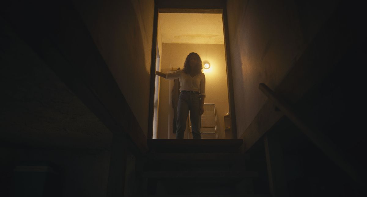 Tess si trova in cima a una scala che conduce a un seminterrato buio nel film horror Barbarian.