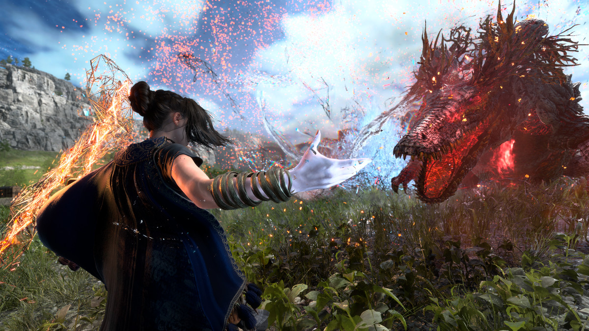 Frey, una giovane donna, evoca un incantesimo in un campo verde di fronte a un mostro rosso simile a un drago che carica