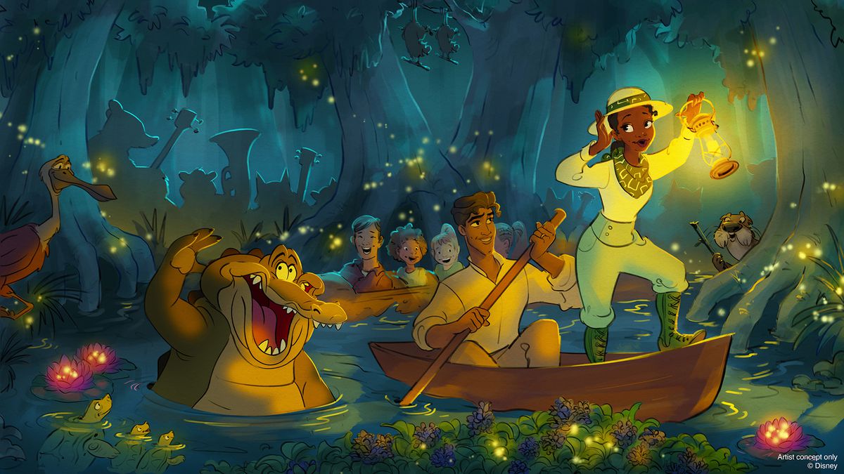 concept art dal parco a tema Disney giro Tiana's Bayou Adventure: un'illustrazione di Tiana da La principessa e il ranocchio che tiene una lanterna nella parte anteriore di una canoa mentre il principe Naveen rema la barca di notte con tutti i tipi di animali intorno a loro