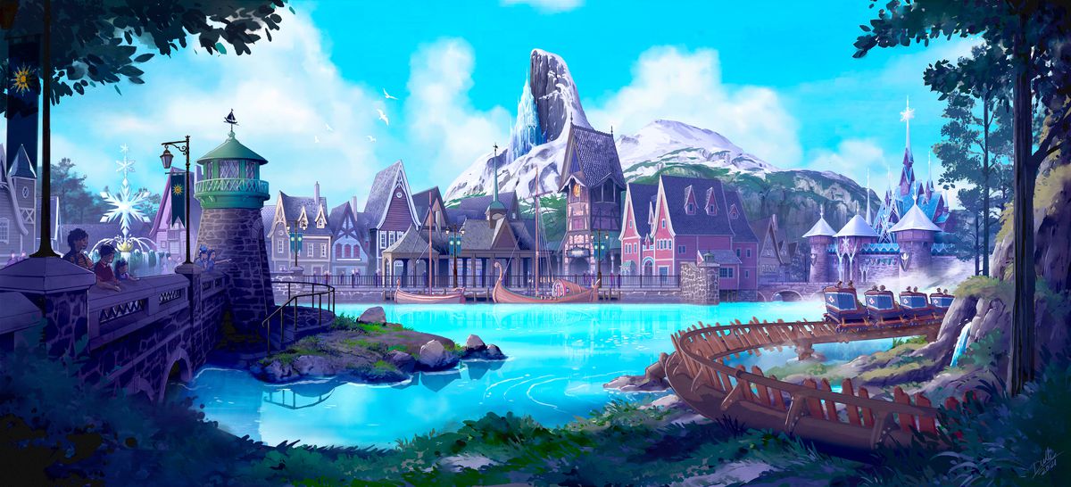 una città scandinava attraverso un lago azzurro e cristallino;  in lontananza c'è una montagna innevata