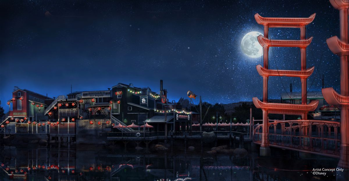 un paesaggio notturno con una replica del Golden Gate Bridge, ma stilizzato per sembrare più giapponese.  in lontananza ci sono edifici con luci scintillanti e lanterne. 