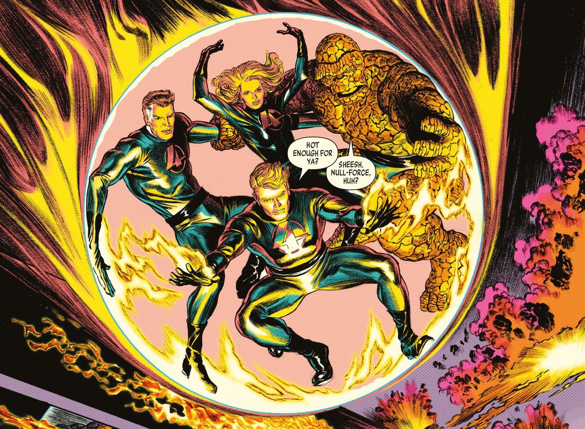 Racchiusi nel campo di forza sferico di Sue Storm, i Fantastici Quattro cadono nel fuoco e nel fumo in Fantastic Four: Full Circle (2022).