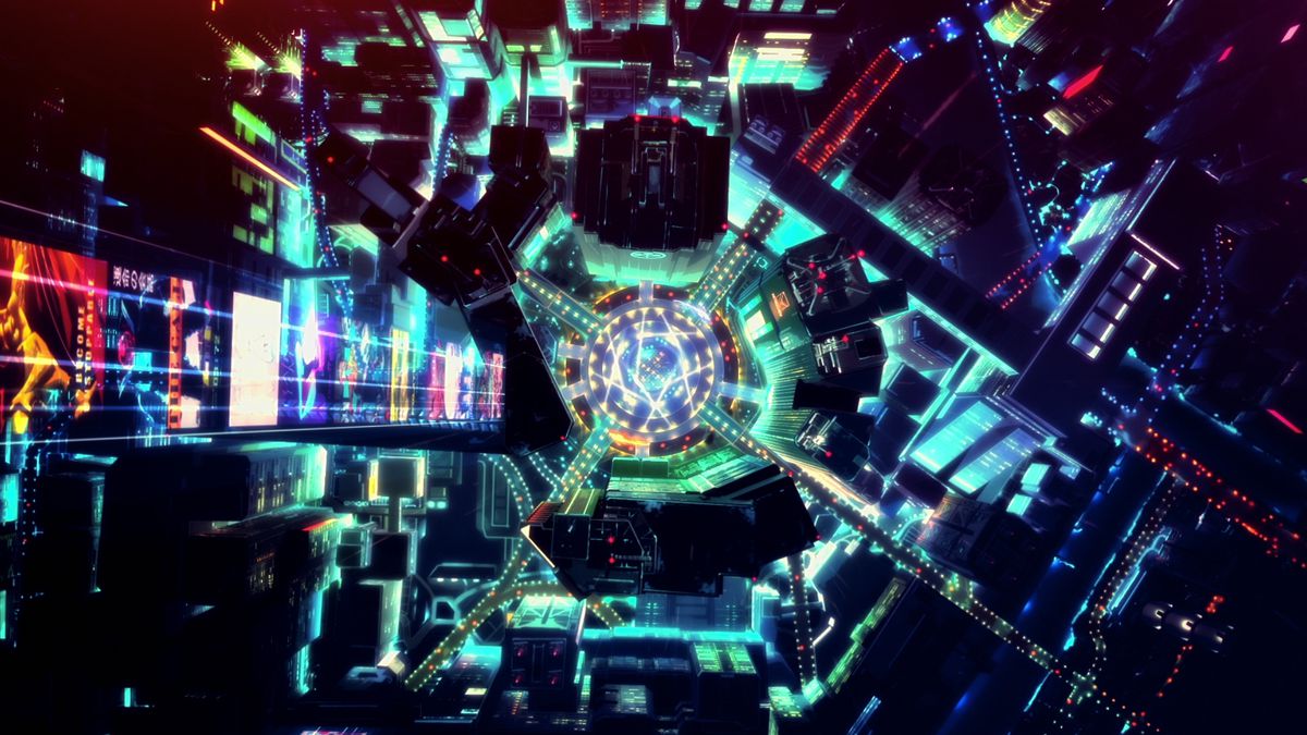 Un'immagine dall'alto del quartiere centrale di Night City in Cyberpunk: Edgerunners.