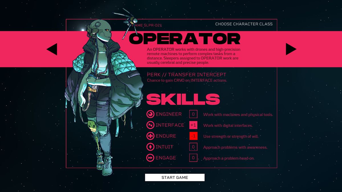 La pagina del personaggio dell'operatore in Citizen Sleeper