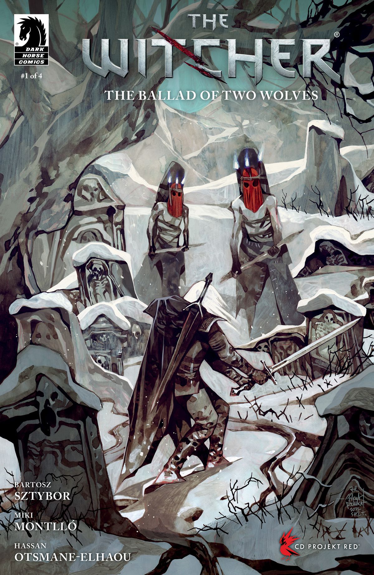 Geralt si trova in un cimitero e affronta due nemici incappucciati sulla copertina di The Witcher: The Ballad of Two Wolves #1. 