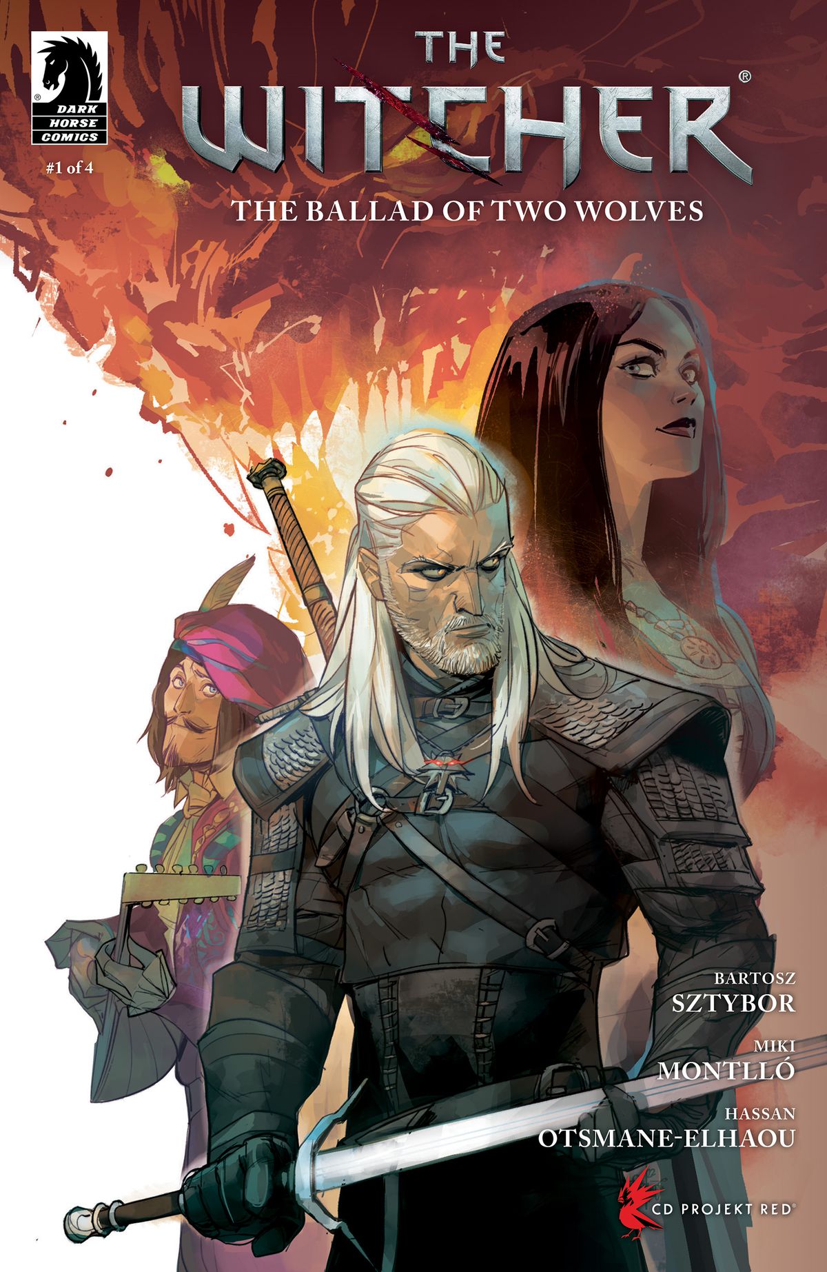 Geralt, Dandelion e quello che sembra Cappuccetto Rosso si trovano su uno sfondo bianco di fronte a un lupo sulla copertina di The Witcher: The Ballad of Two Wolves #1. 