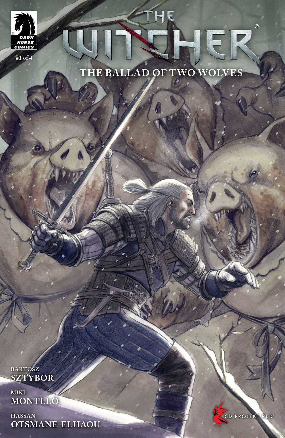 Geralt affronta tre maiali enormi e dall'aspetto malvagio sulla copertina di The Witcher: The Ballad of Two Wolves #1. 