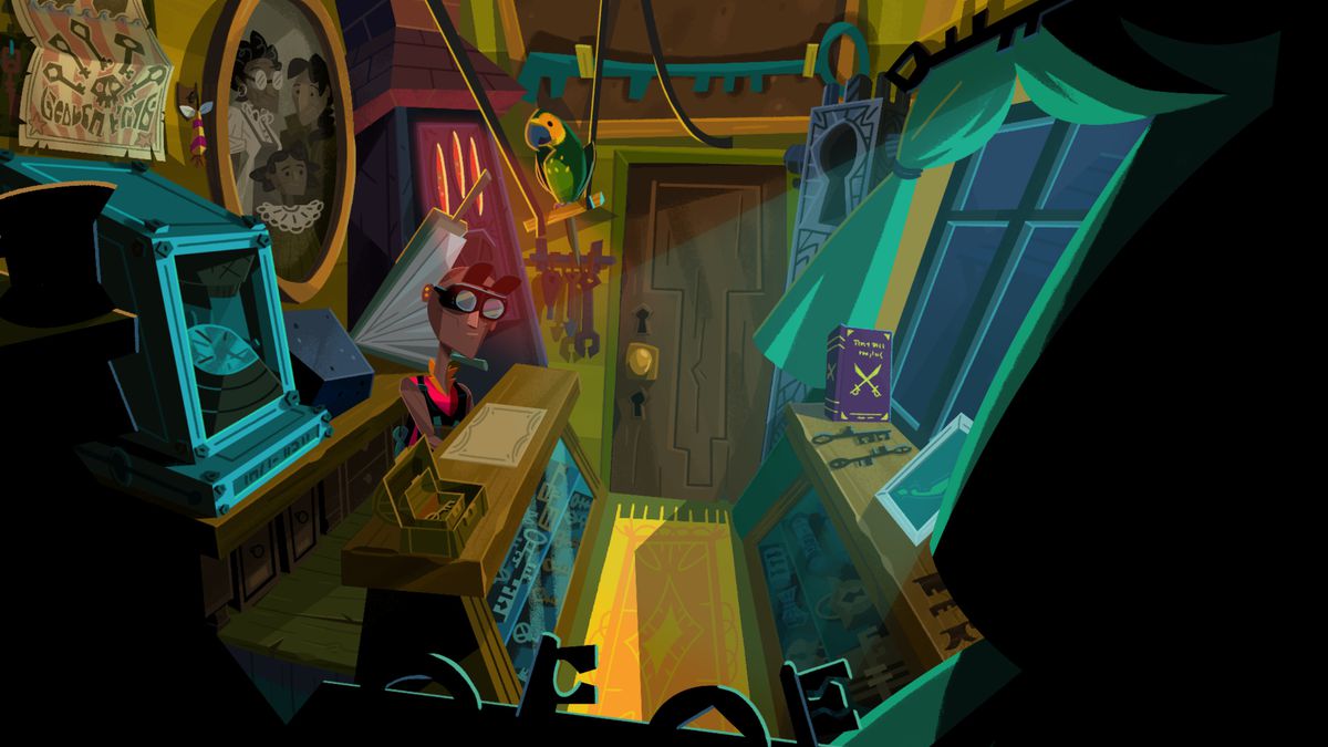 Un personaggio lavora in un negozio di curiosità in Ritorno a Monkey Island