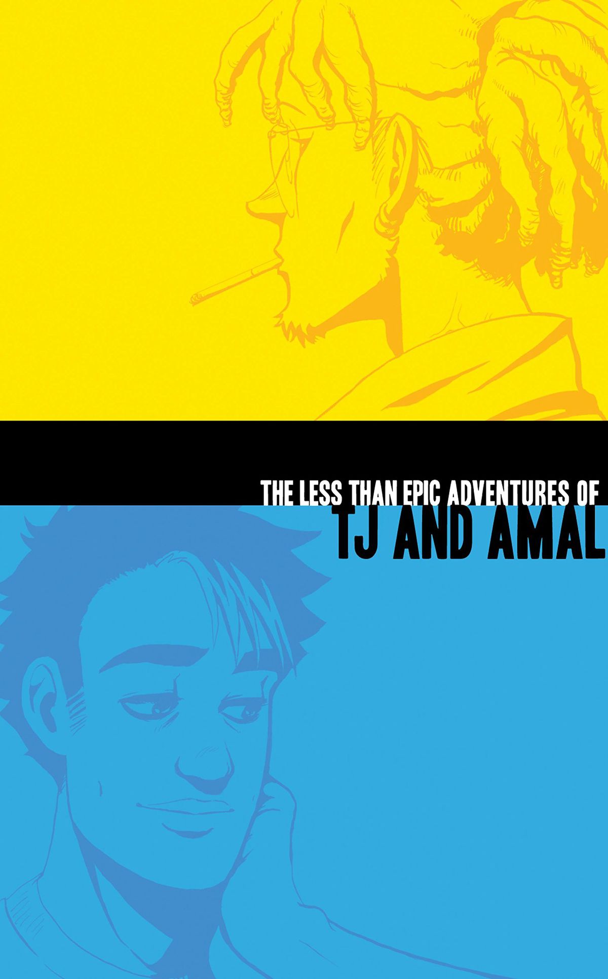 La copertina di The Less Than Epic Adventures of TJ and Amal, divisa a metà con una parte superiore giallo limone e una parte inferiore blu brillante, con disegni al tratto di due giovani uomini rivolti in direzioni opposte, uno nel campo in alto, uno nel parte inferiore