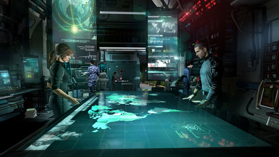 Sam Fisher si riunisce al tavolo della pianificazione a bordo dell'AC-130 della squadra in Splinter Cell: Blacklist