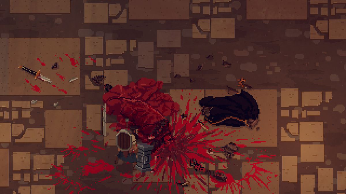 Il protagonista Thorn decapita un cadavere di sangue in No Place for Bravery