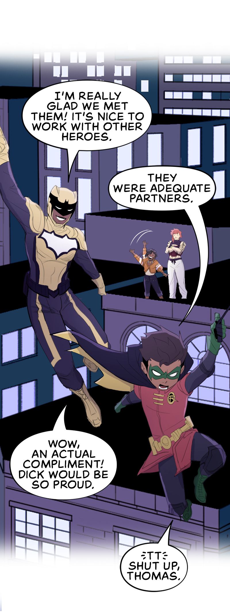 Duke allegramente e Damian, burbero, salutano Vixen e la sua amica in Batman: Wayne Family Adventures.