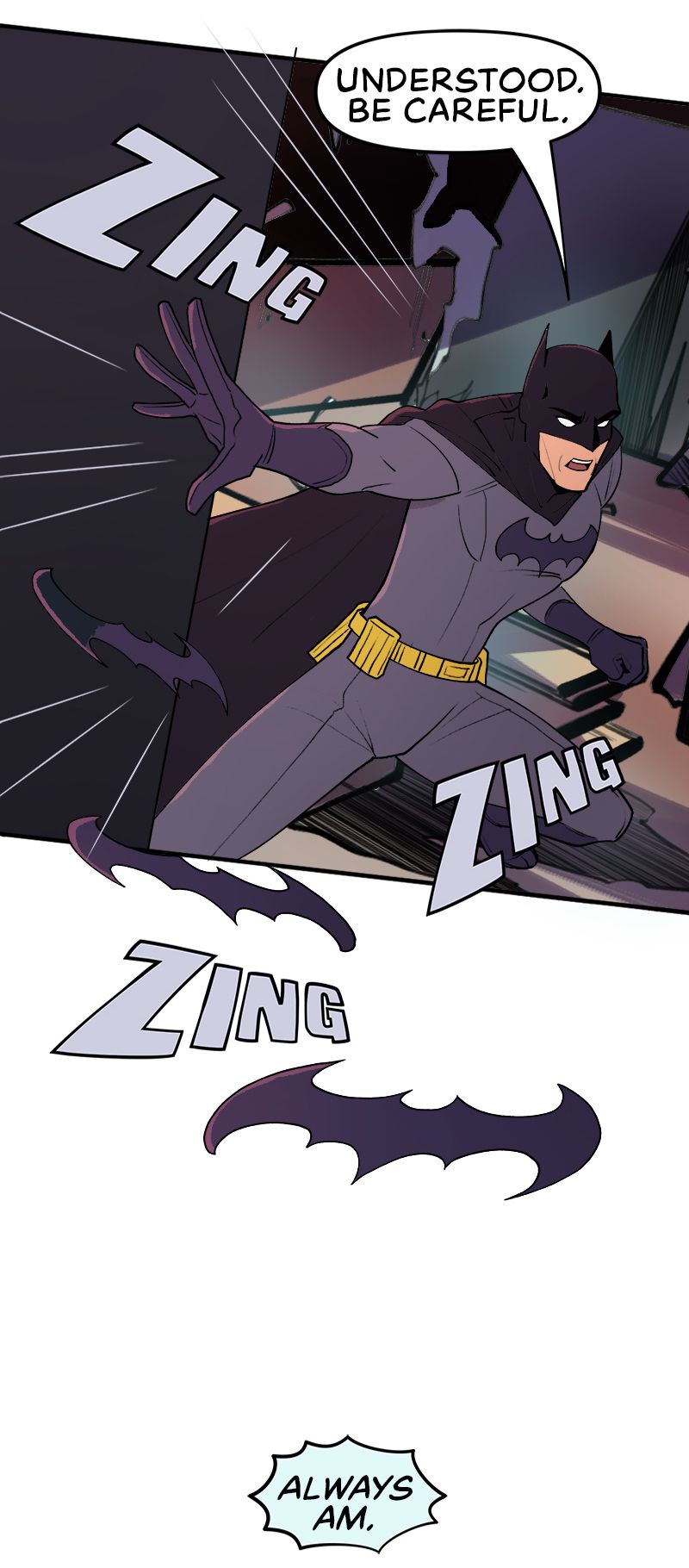 Batman dice a Robin di stare attento mentre lancia i batarang.  