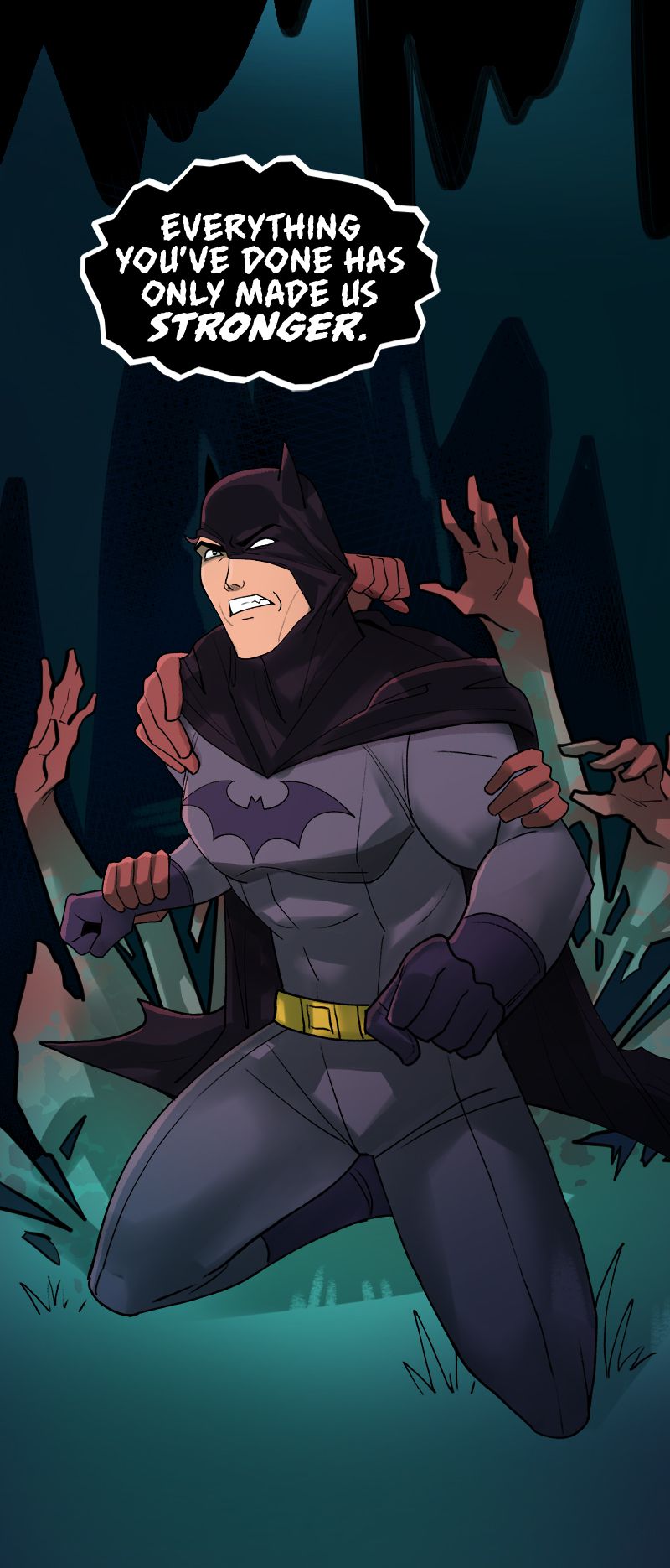 Batman lotta con mani disincarnate che gli tirano il costume e il cappuccio in Batman: Wayne Family Adventures.