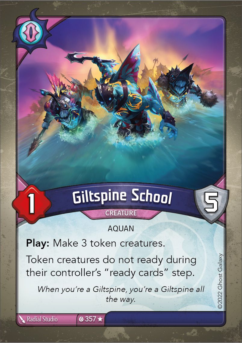 Una carta chiamata Giltspine School presenta una folla di creature spinose che si lanciano contro il giocatore.