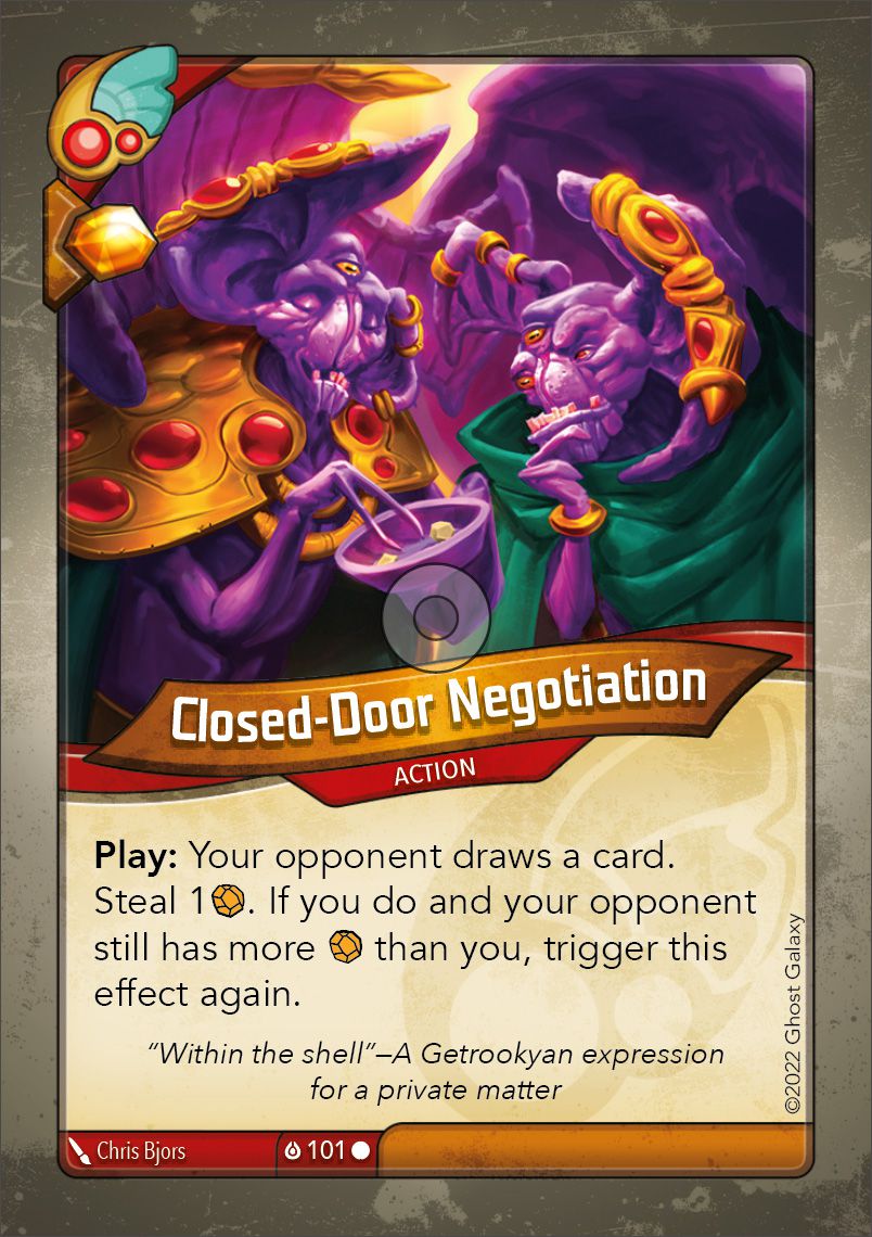 Una carta chiamata negoziazione a porte chiuse presenta due creature che meditano su una ciotola di dadi.