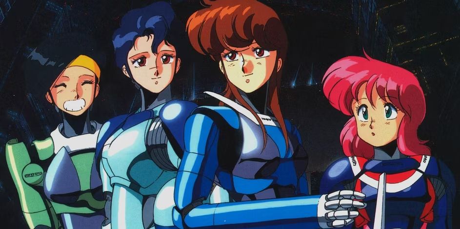 Un'illustrazione di quattro donne anime che indossano tute da combattimento corazzate e fissano in lontananza.